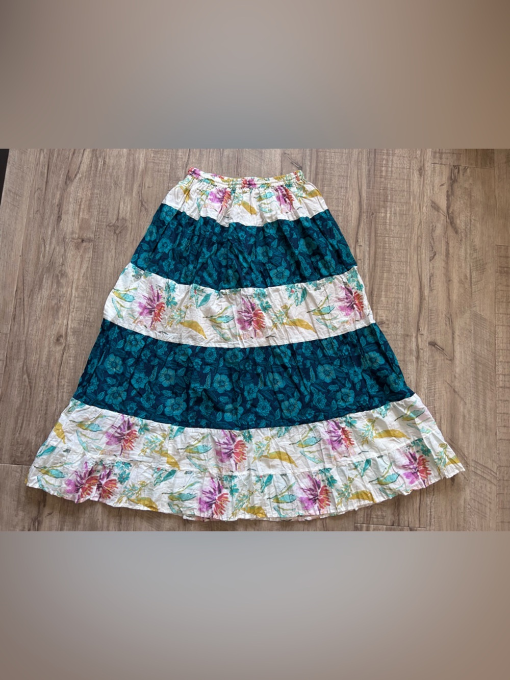 Bohemian Tiered Floral flower hippy Maxi Skirt - Teal & White summer flowy - Picture 7 of 9
